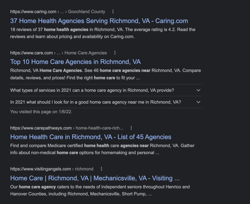 Organic SERP results for home care agencies near Richmond.