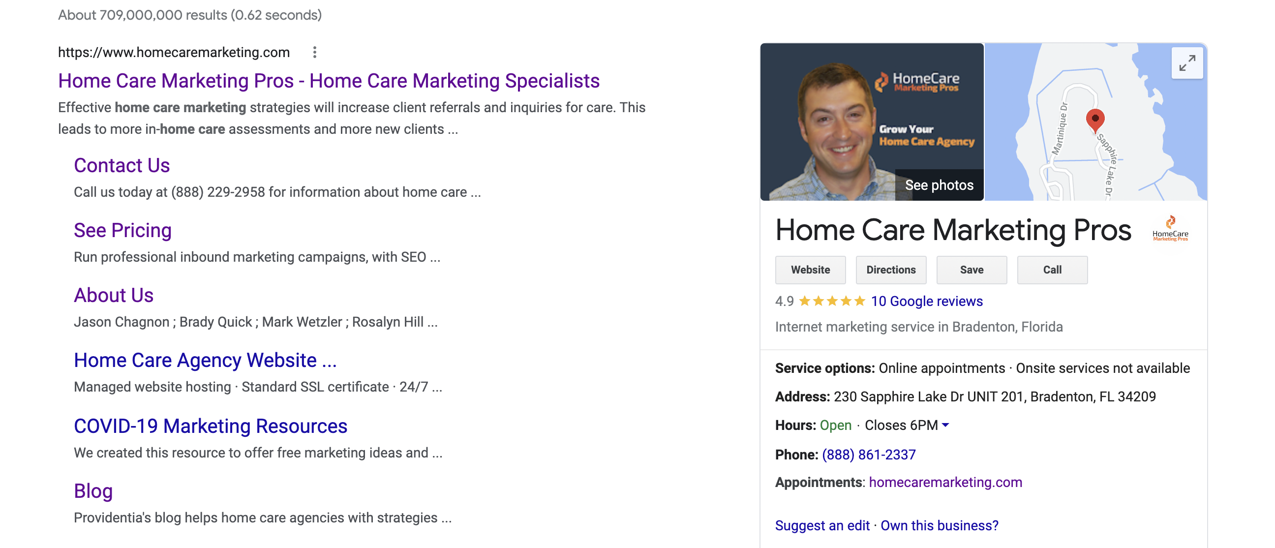 A screenshot of Home Care Marketing Pros' Google Business Profile