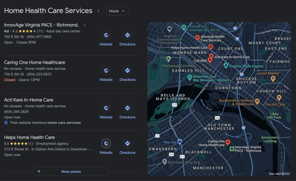 The are the local pack results for home care agencies in Richmond, VA