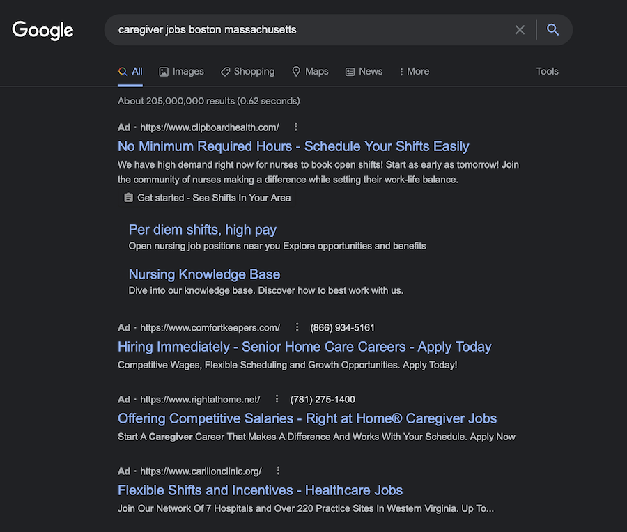 PPC ads that appear targeting caregiver candidates when searching for caregiver jobs boston massachusetts.
