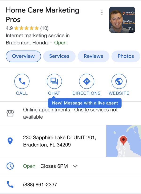 Home Care Marketing Pros' Google Business Messages option.
