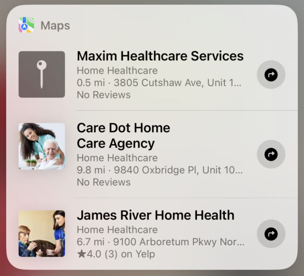 Polished Apple Business Connect profiles appearing as Siri results.