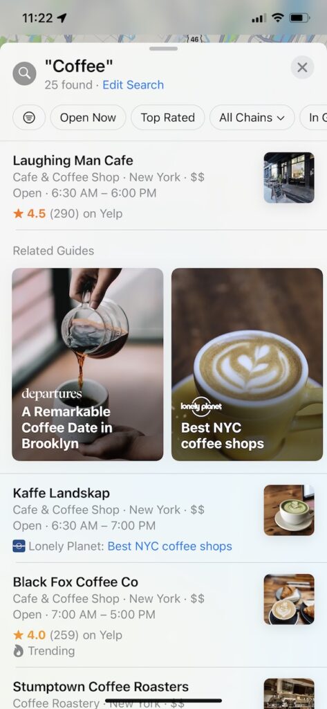 An example of Place Cards when searching for coffee in Apple Business Connect