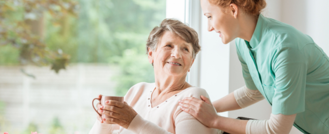 As an example of compassionate home care, a caregiver shows kindness as she cares for and checks on a senior client.