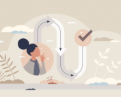 A graphic with a woman and a path to a checkmark symbolize the customer journey process of home care sales.