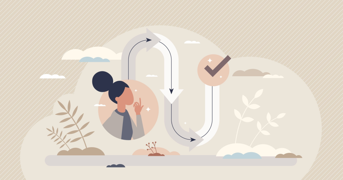 A graphic with a woman and a path to a checkmark symbolize the customer journey process of home care sales.