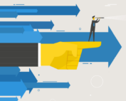 A businessman is surrounded by pointing arrows and a hand symbolizing the need to look to the future of home care sales.