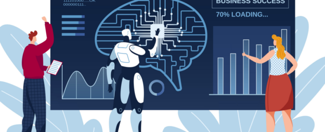A graphic depicting a man and a woman working along with a robot depicting how using AI can help your senior home care agency be successful.