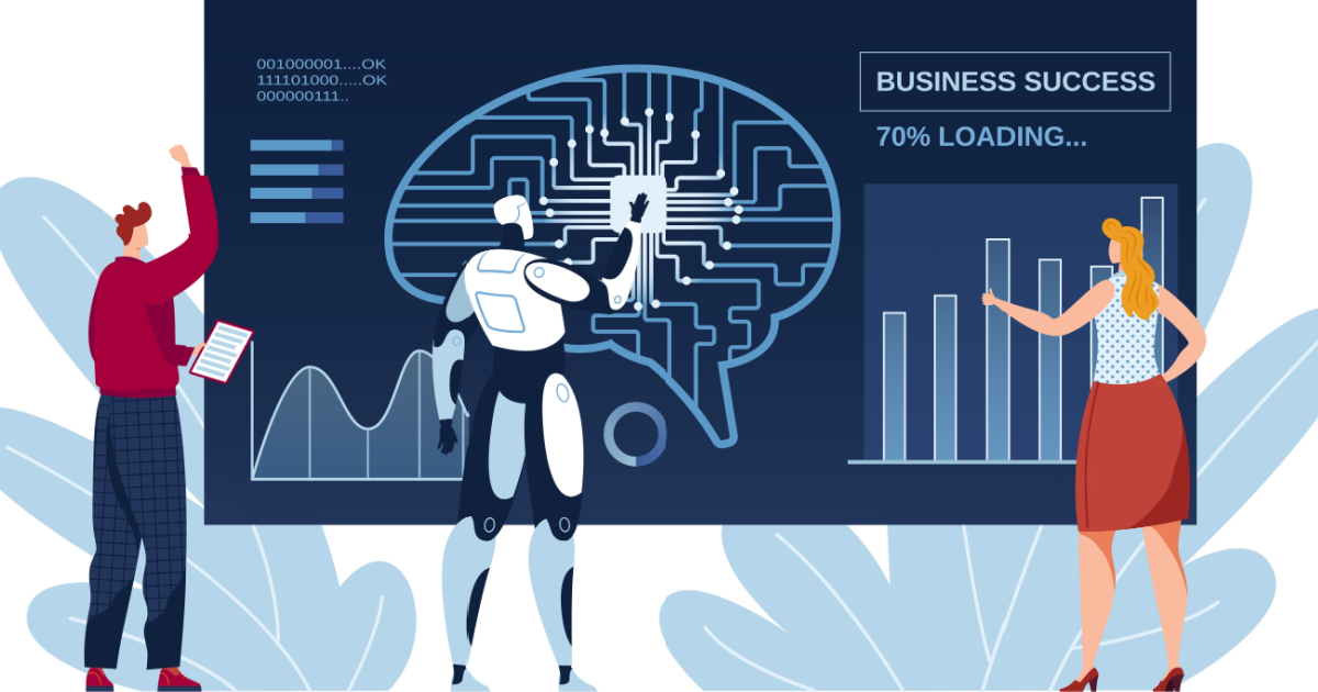 A graphic depicting a man and a woman working along with a robot depicting how using AI can help your senior home care agency be successful.