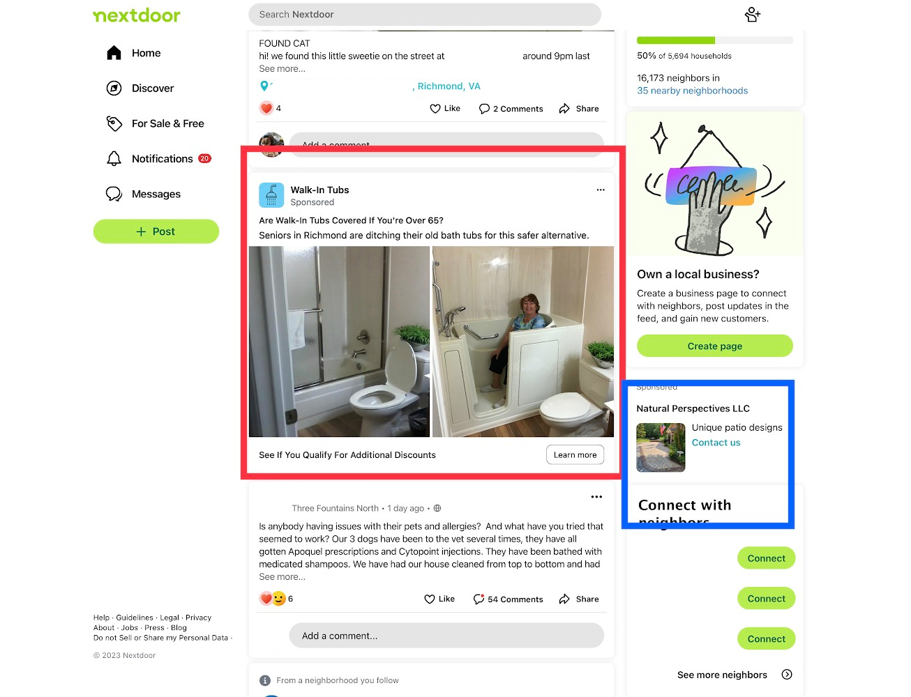 An example of paid social ads on a Nextdoor feed.