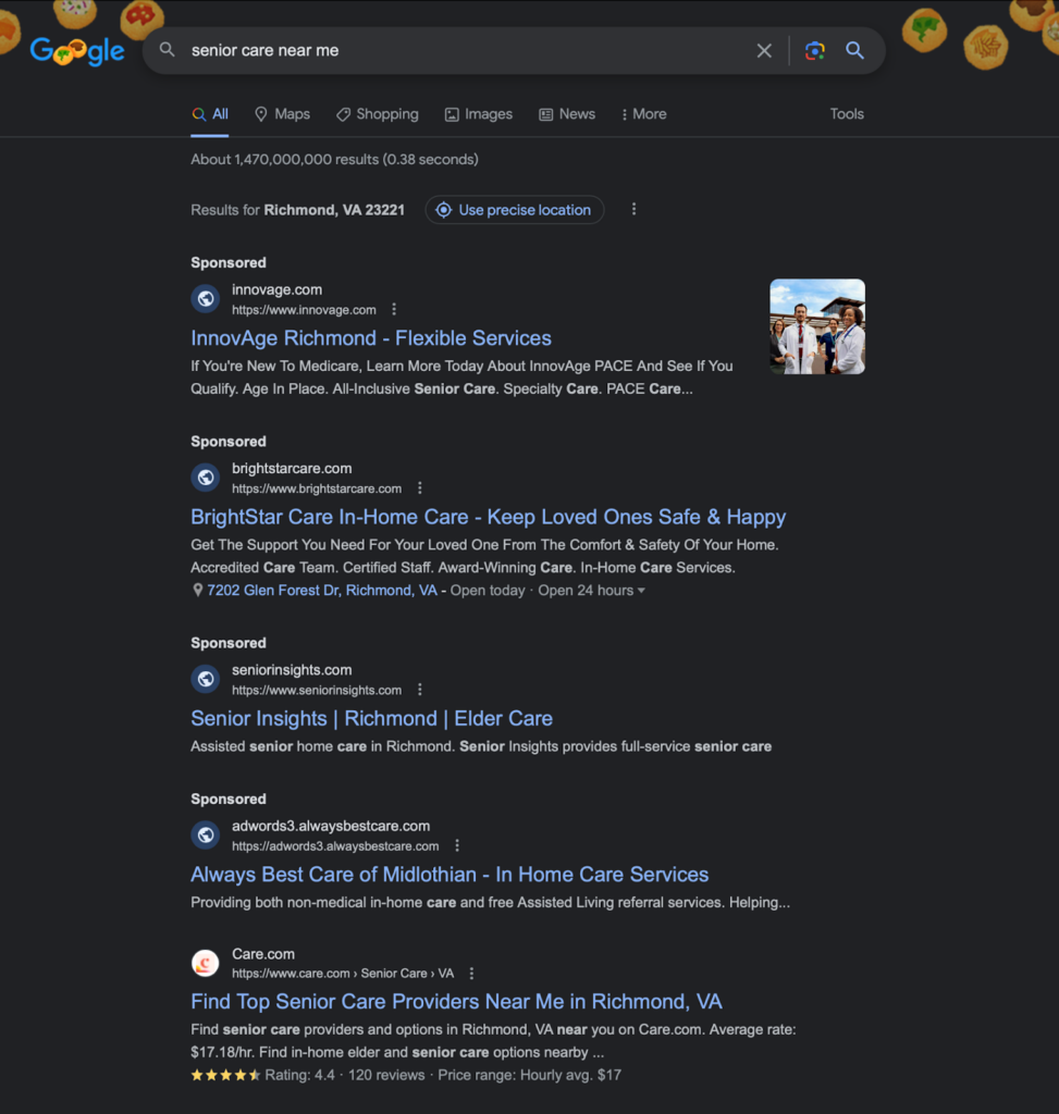 Senior care near me keyphrase results that show PPC ads at the top.