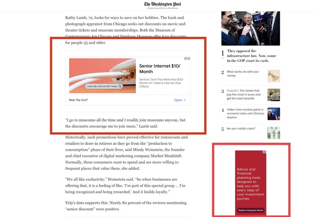 An article has digital display ads targeted toward the demographic who might read the article.