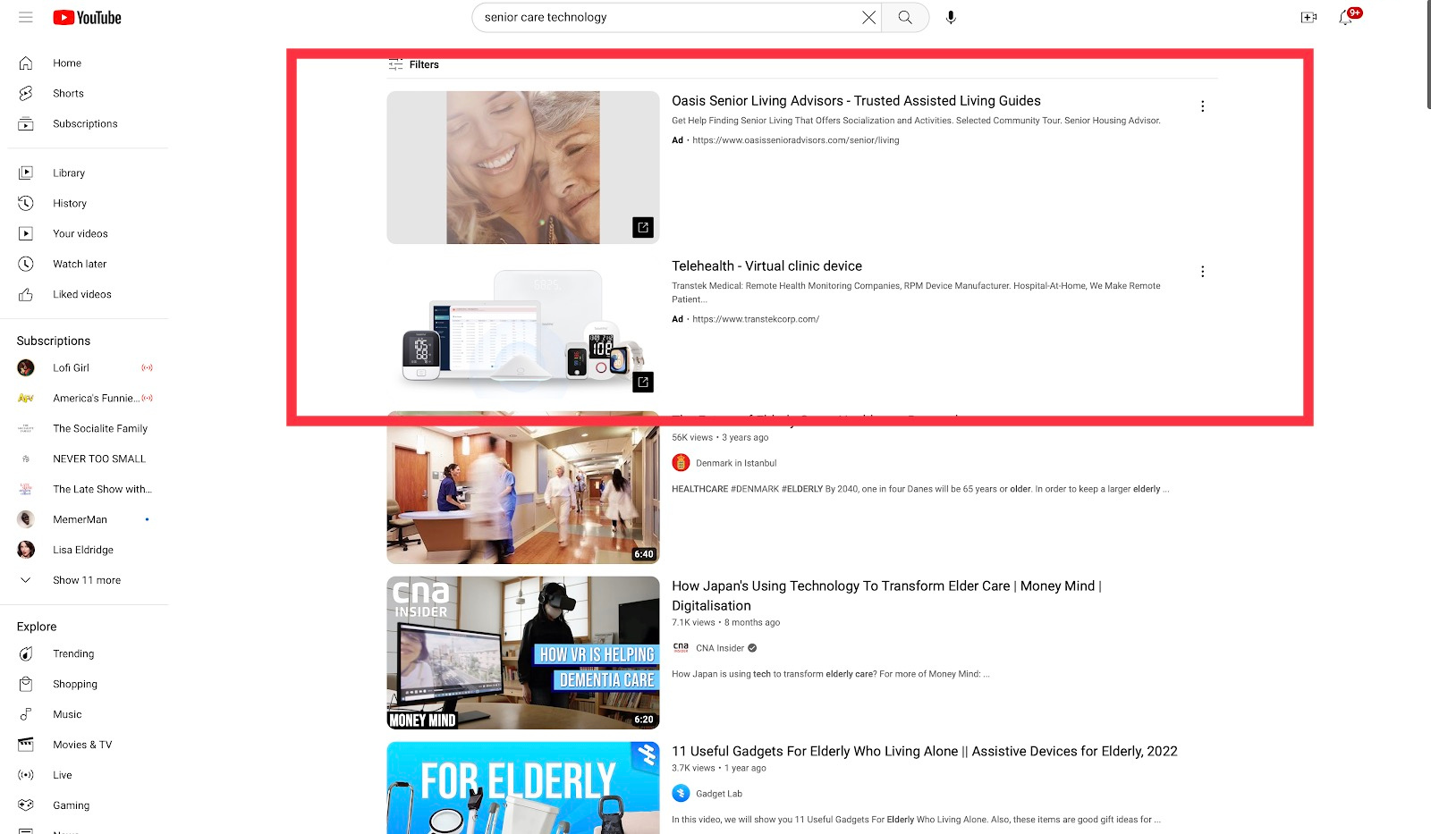 An example of how a search for senior care technology on YouTube results in a paid ad at the top.