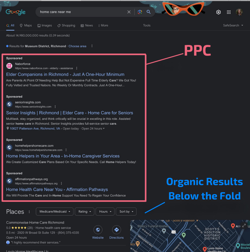 An example of how PPC can dominate the home care search results page.