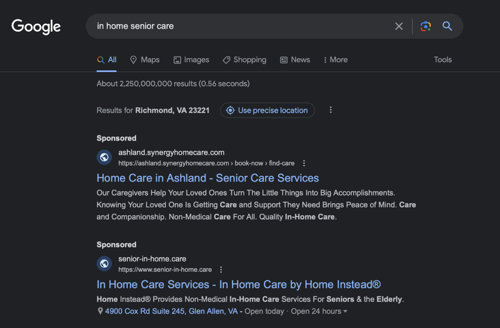 A results page for an in home senior care search that displays PPC results at the top.