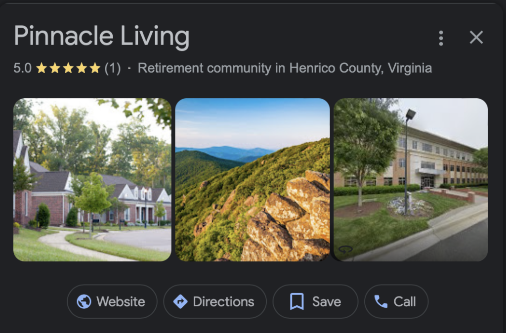 An example of Google Business Profile Categories, this one describing a retirement community.