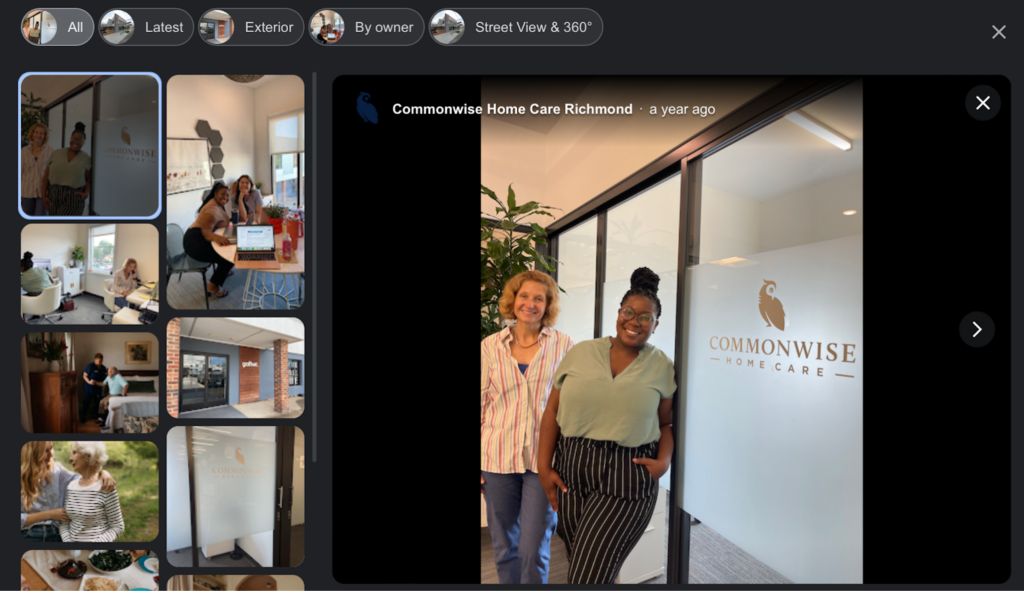 A good example of pictures of staff and the office for a home care agency's Google Business Profile.