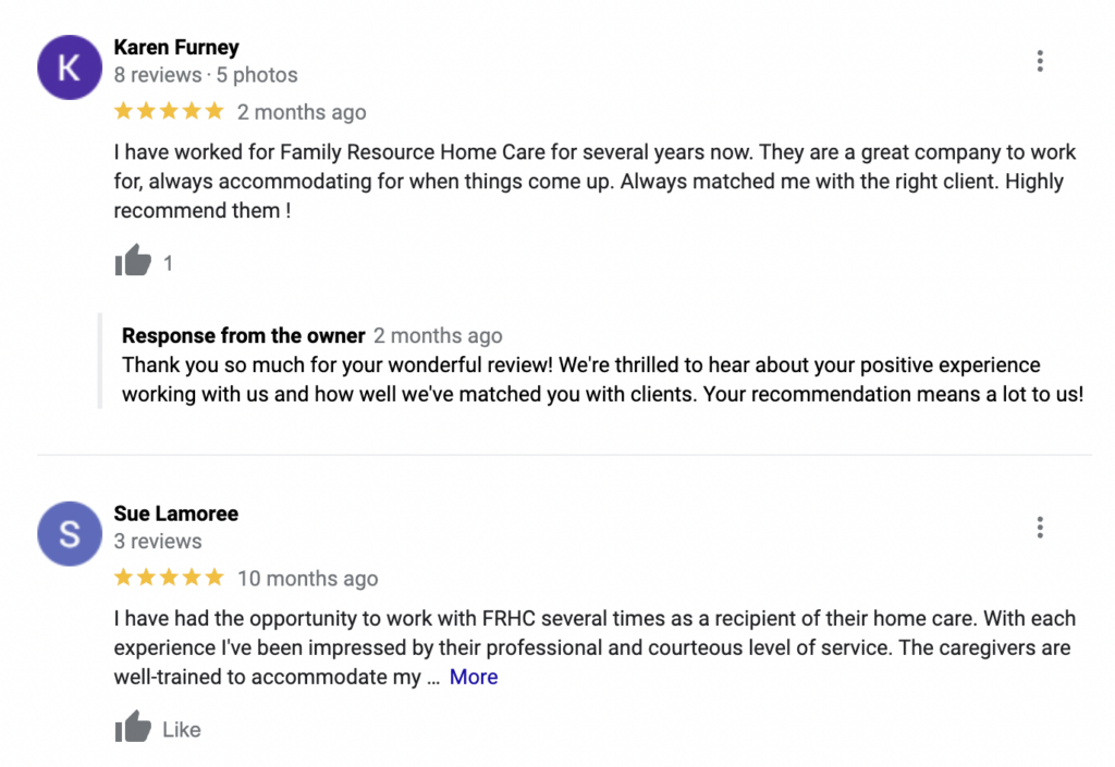 Positive Reviews for A Home Care Agency