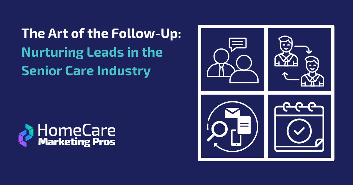 A graphic depicts scheduling, communication, methods of communication, and conversation, all representing following up on senior care industry leads.