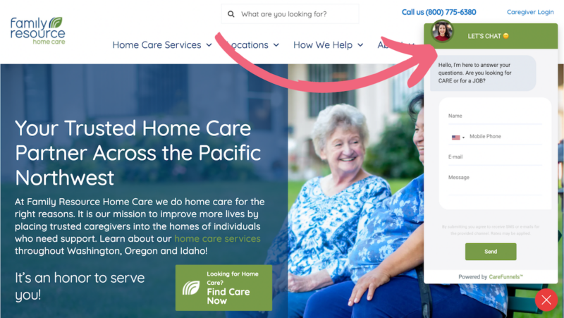 An example of what happens when you click on a CareFunnels web chat.