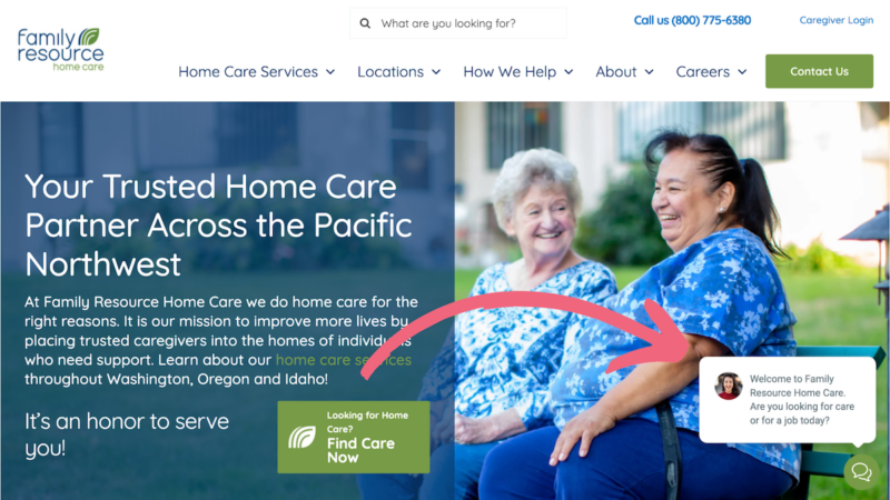 An example of a web chat on a senior care agency site.