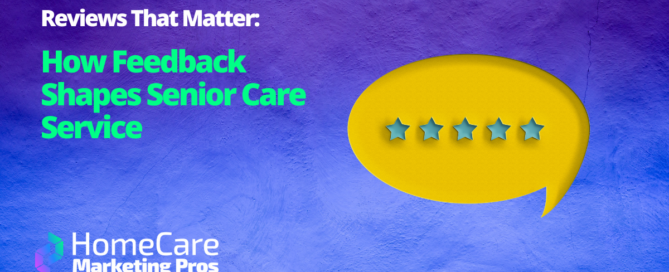 A quote bubble with stars represents senior care reviews.