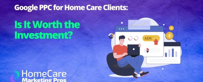 A graphic of a man on a computer with browsers in the background represents PPC for home care.