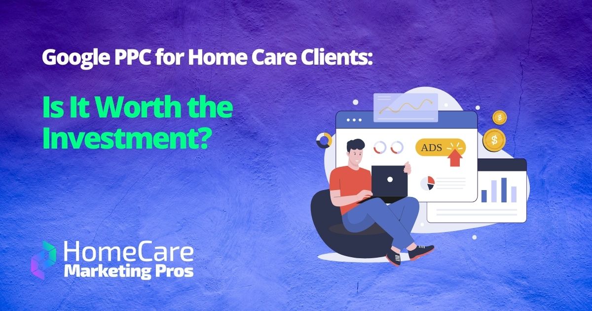 A graphic of a man on a computer with browsers in the background represents PPC for home care.