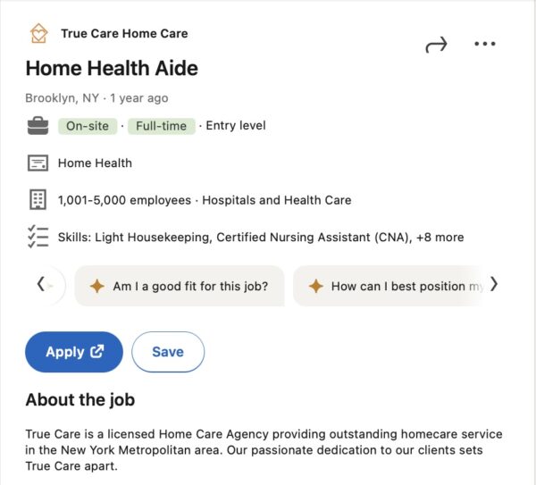 An example of a home care aide listing on LinkedIn.