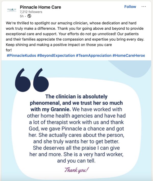 A LinkedIn post highlights a stellar caregiver review.