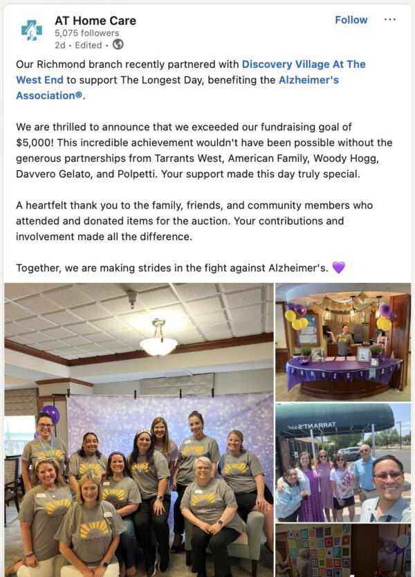 A home care agency celebrates reaching a fundraising goal on LinkedIn