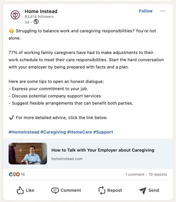 A LinkedIn post describing home care services that can help professionals on the platform.