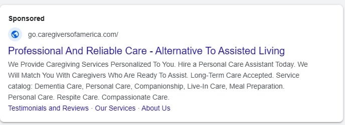 An example of advertising a home care agency on Google.