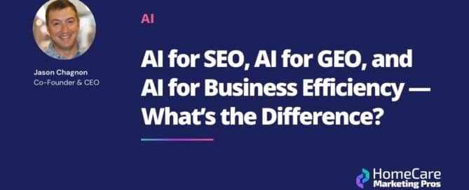 A graphic with the title: "AI for SEO, AI for GEO, and AI for Business Efficiency — What’s the Difference?"